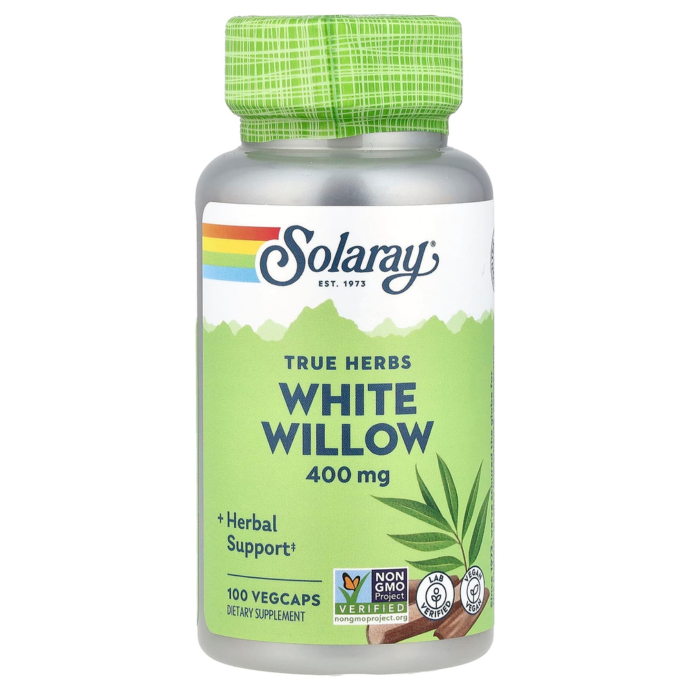 Solaray, True Herbs, белая ива, 400 мг, 100 растительных капсул
