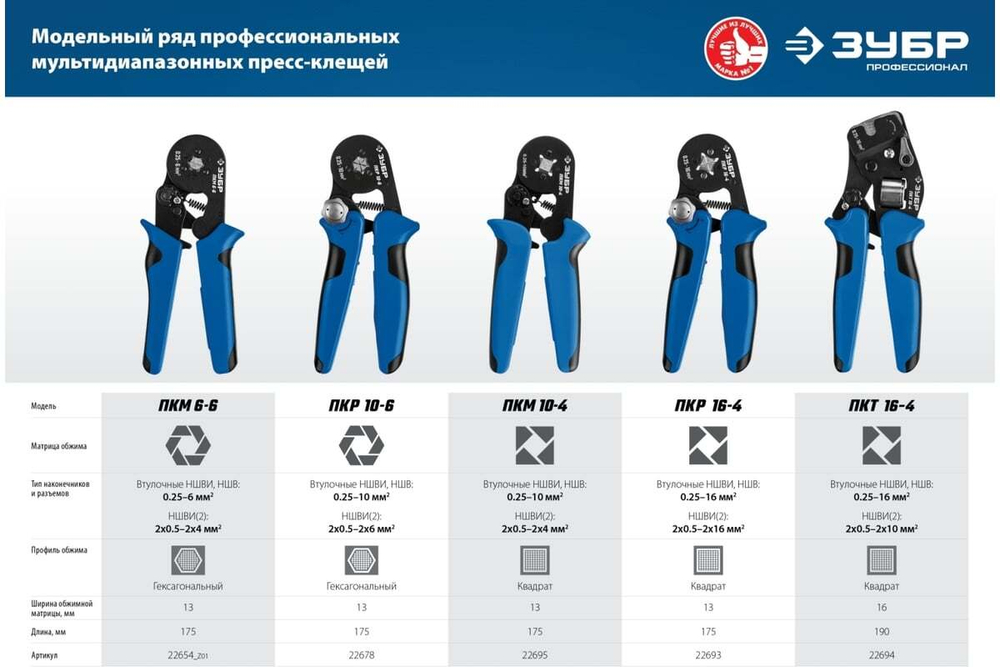Пресс-клещи ЗУБР Профессионал ПКР-10-6  для втулочных наконечников 0.25 - 10 мм.кв 22678