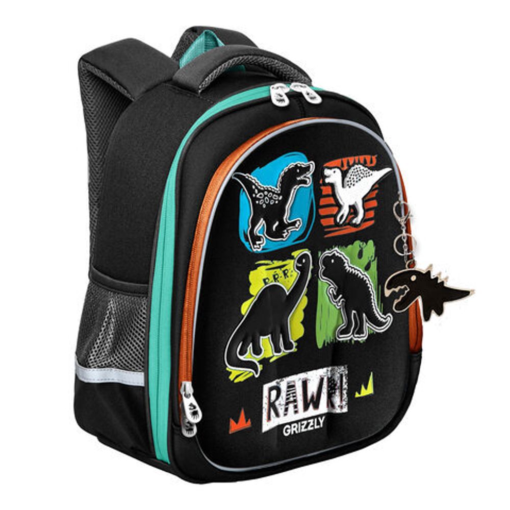 Ранец GRIZZLY анатомическая спинка, c брелоком, для мальчиков, "DINO", 36х28х20 см, RAz-387-6/1