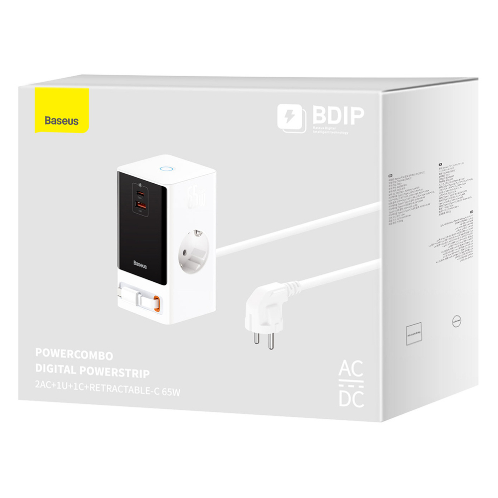 Зарядное устройство Baseus GaN5 PowerCombo Digital PowerStrip 2AC+U+C+Retractable-C 65W - White