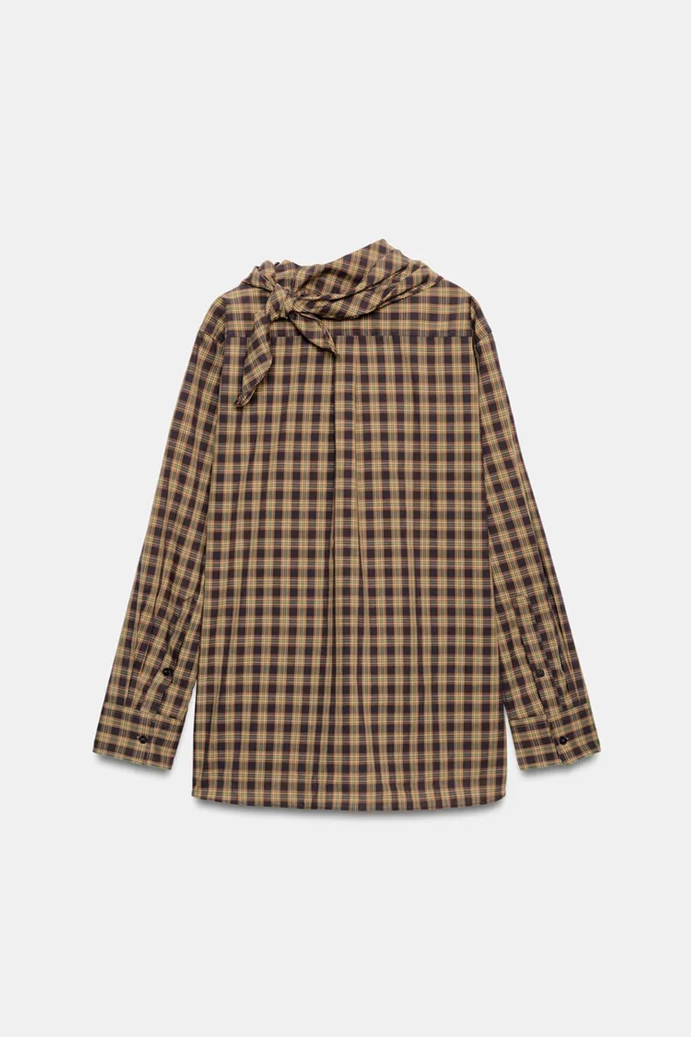 ZARA РУБАШКА ОВЕРСАЙЗ В КЛЕТКУ С КОСЫНКОЙ, КОРИЧНЕВЫЙ/ЗЕЛЕНЫЙ