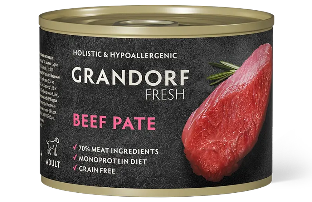 Влажный корм консервы для собак всех пород GRANDORF FRESH Beef pate из говядины 0,2 кг 6 шт