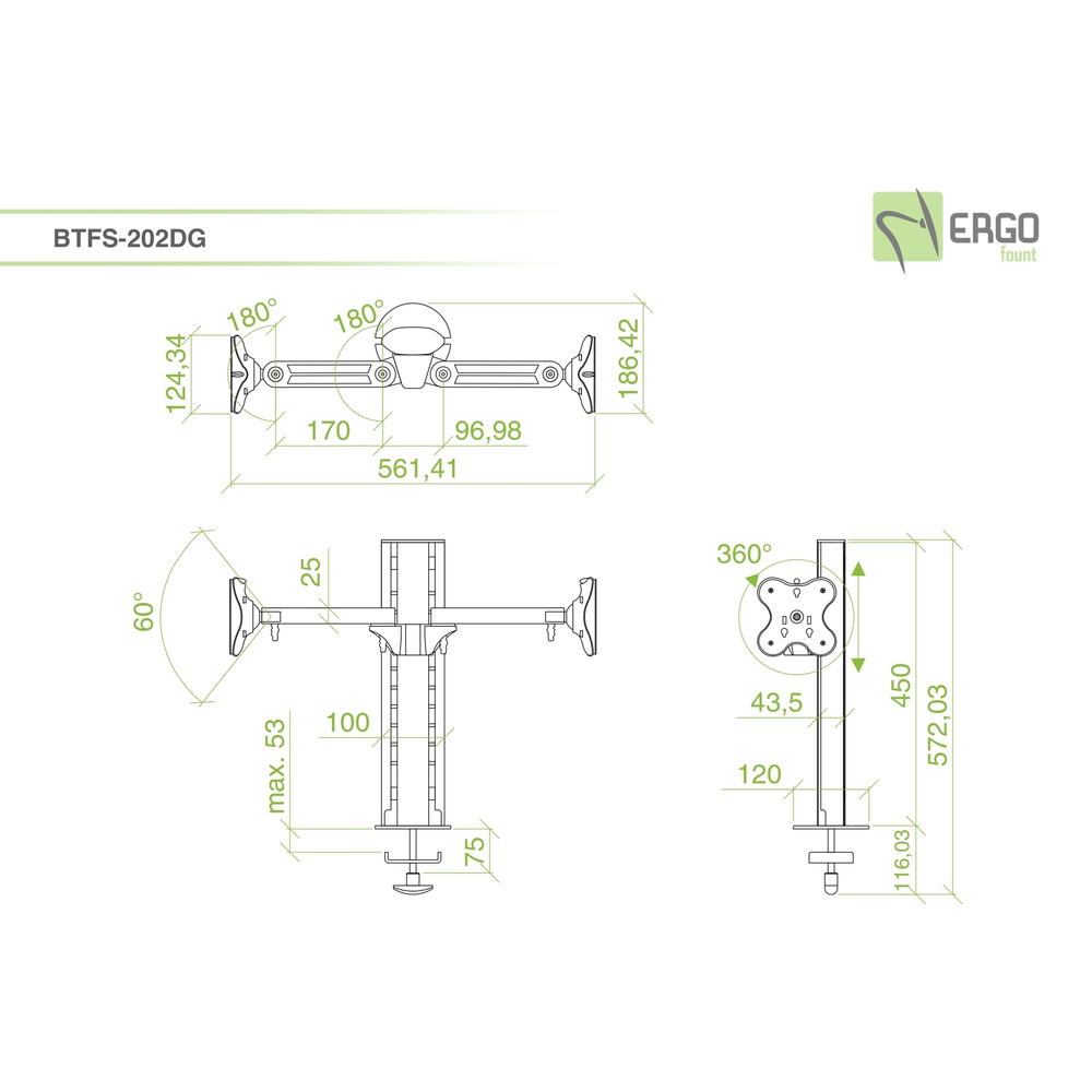 ErgoFount BTFS-202DG Настольное крепление для 2 мониторов диагональю до 24'' с шарнирными одноколенными вылетами, изменяемой высотой и струбциной к столу типа "G". Цвет - серебристый
