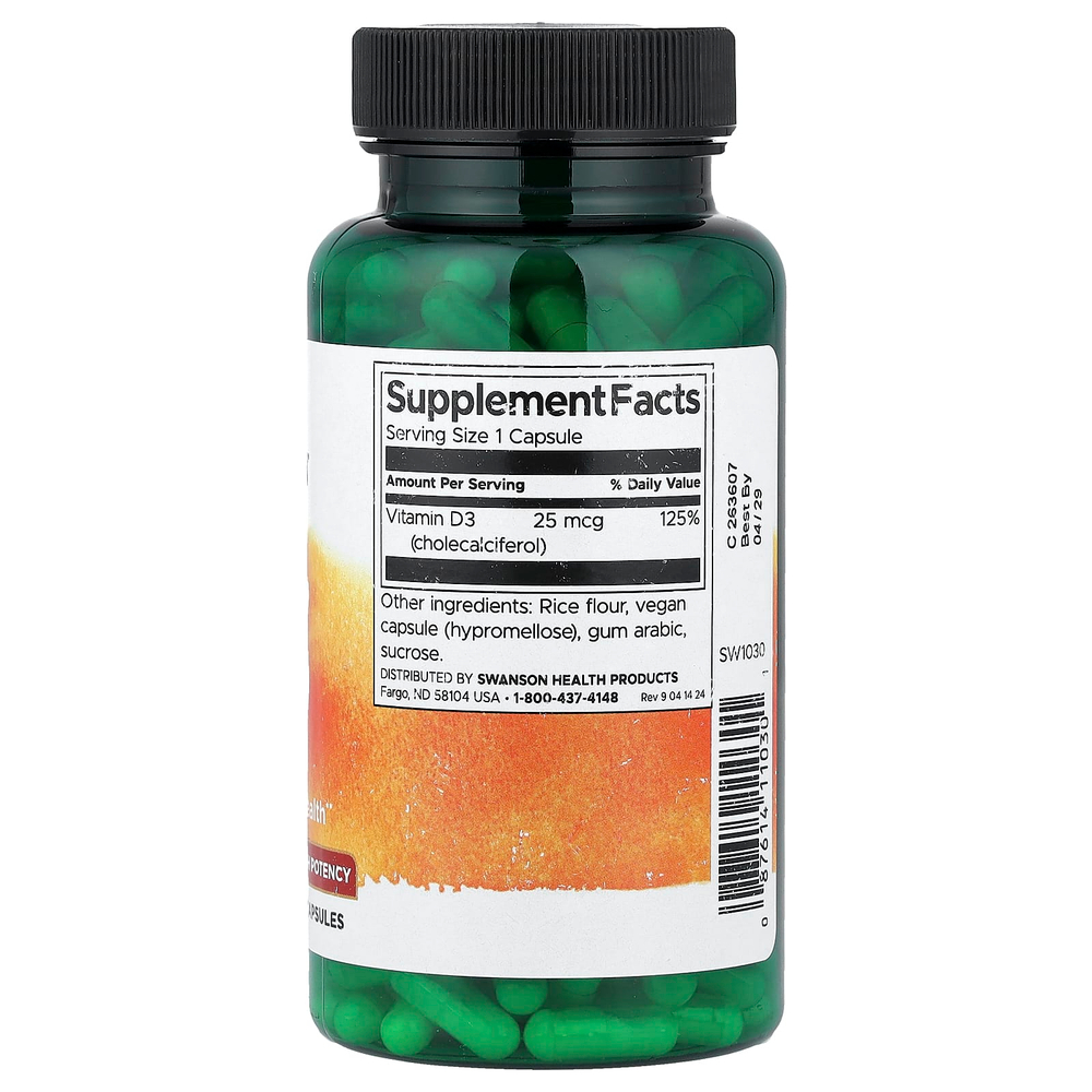 Swanson Vitamins, витамин D3, высокоактивный, 25 мкг (1000 МЕ), 250 капсул