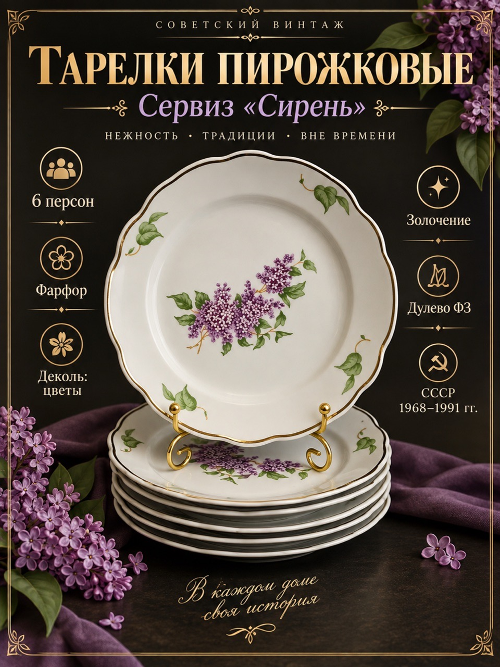 Тарелки пирожковые фарфоровые на 6 персон из сервиза "Сирень", деколь цветы, золочение, Дулево ФЗ винтаж СССР 1968-1991 гг