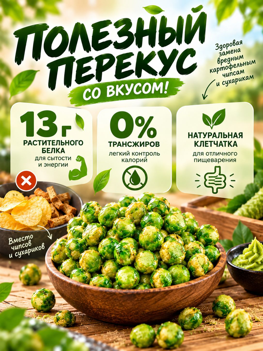 Хрустящий зеленый горошек со вкусом Васаби 75 г * 3 шт