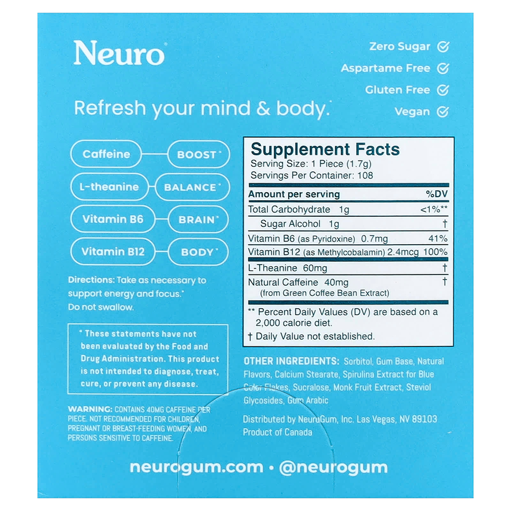NeuroGum, жевательная резинка для энергии и концентрации, со вкусом перечной мяты, 12 упаковок по 9 шт.