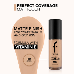 flormar Perfect Coverage Mat Touch Foundation - Матирующий тональный крем для жирной и комбинированной кожи оттенок 301 Soft Beige, 30 ml
