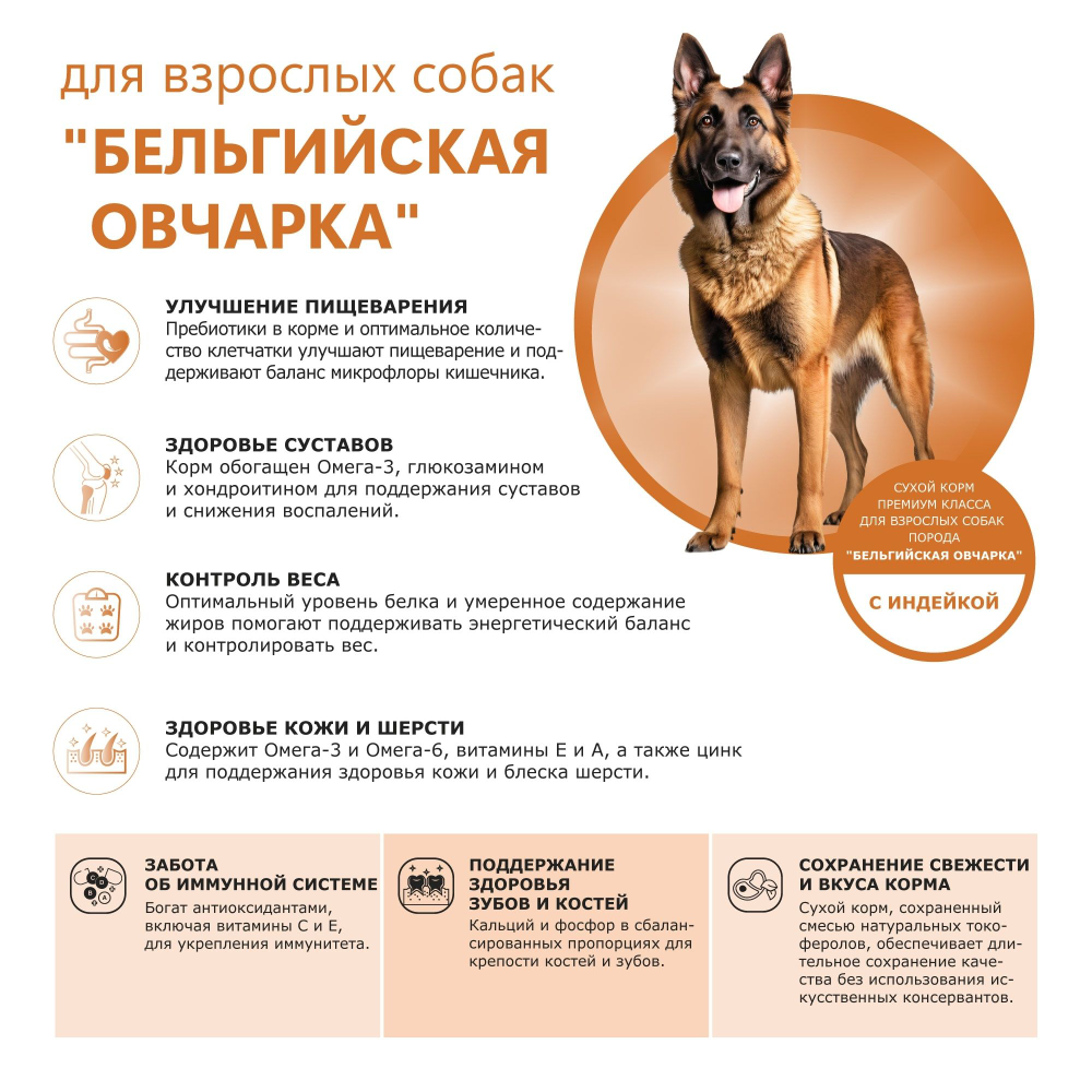 Корм сухой для взрослых собак породы Бельгийская овчарка, премиум полнорационный комплекс, с индейкой, 2,5 кг, QUATTRO