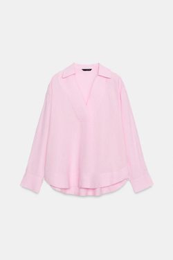 ZARA БЛУЗА-ПОЛО ИЗ ЛЬНА, РОЗОВЫЙ
