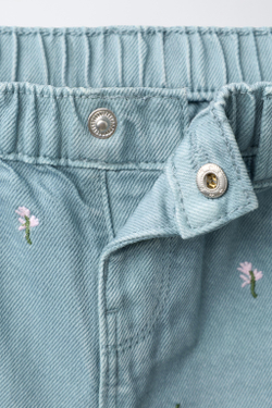 ZARA БРЮКИ-КЮЛОТЫ ИЗ ТВИЛА С ВЫШИТЫМИ ЦВЕТАМИ, ГОЛУБОЙ