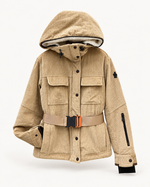 Женский вельветовый пуховик Moncler с поясом — бежевый