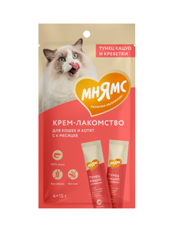Крем-лакомство Мнямс для кошек с тунцом Кацуо и креветками 15 г х 4 шт
