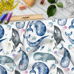 Ткань лён звёздные киты и медузы на белом фоне