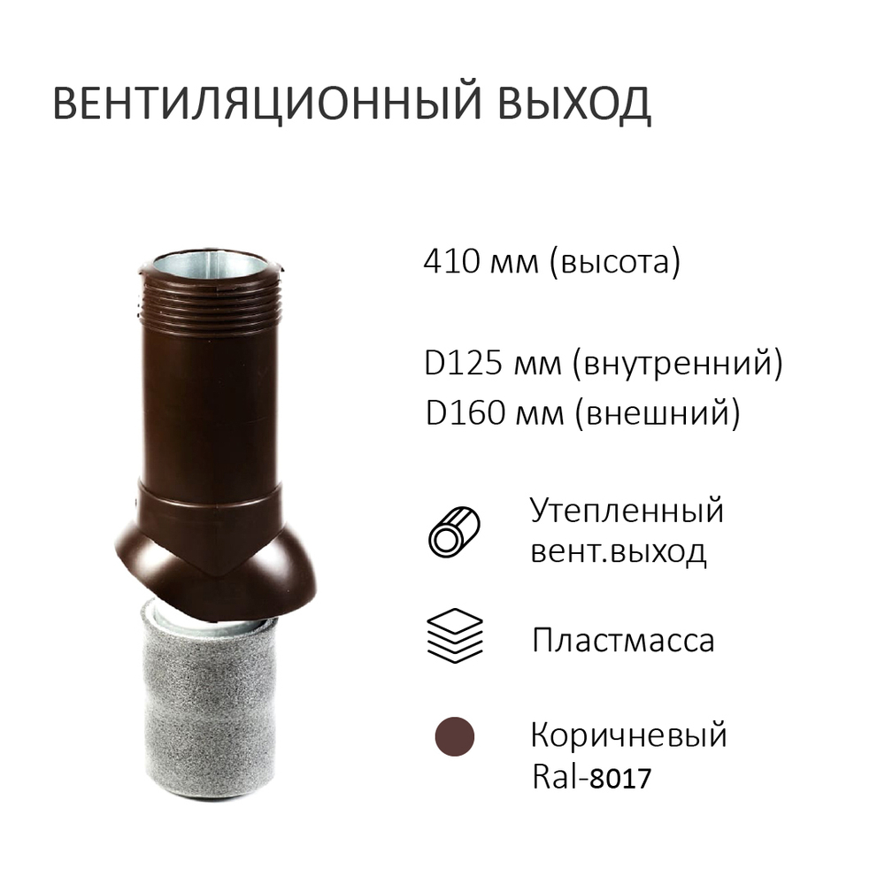 Комплект активной вентиляции: Вентиляционный выход D160 мм утепленный высота H=500 мм,проходной элемент для металлочерепицы Monterrey, турбодефлектор Ø 160 мм, коричневый