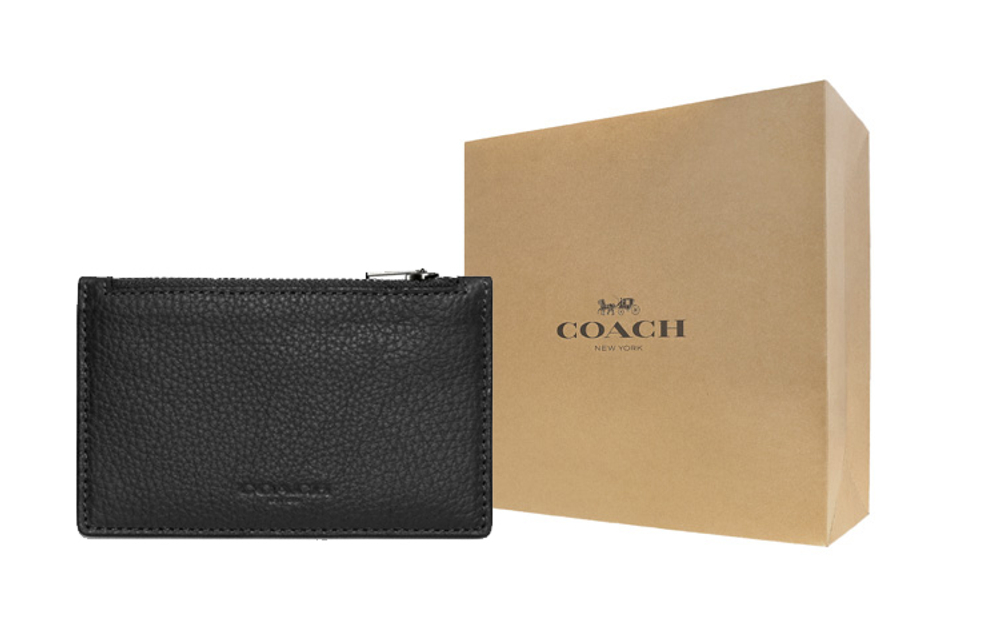COACH Card Case Zip Closure Pebble Texture Cow Leather Coin Purse, Card Holder Unisex Black