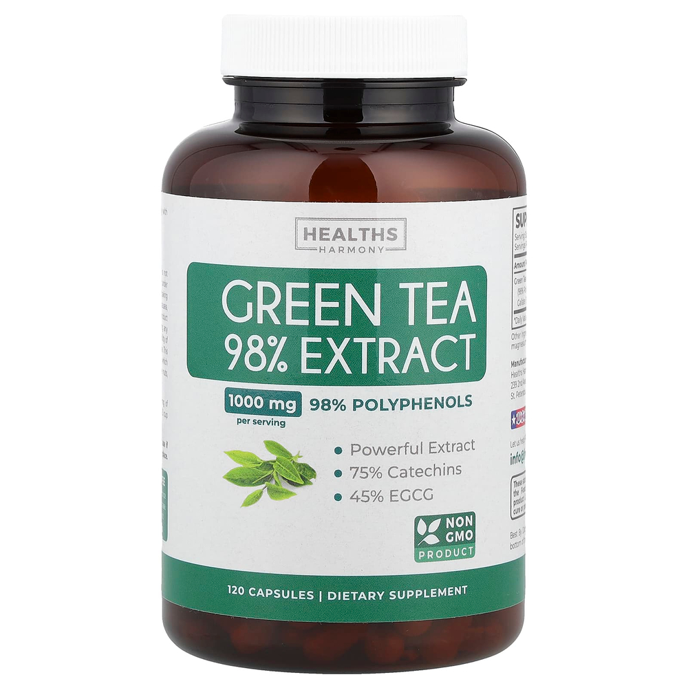 Healths Harmony, 98% экстракт зеленого чая, 120 капсул (500 мг на капсулу)
