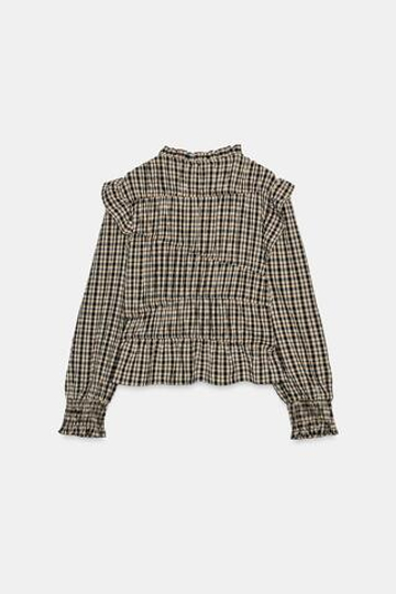 ZARA БЛУЗА В КЛЕТКУ С ВОЛАНАМИ, ЧЕРНЫЙ/ЭКРЮ