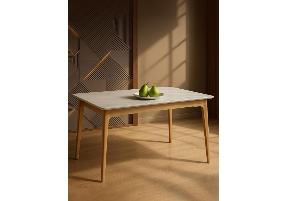 Керамический стол Woodville Halmar 140(180)x80 белый спеченный камень, светлое дерево
