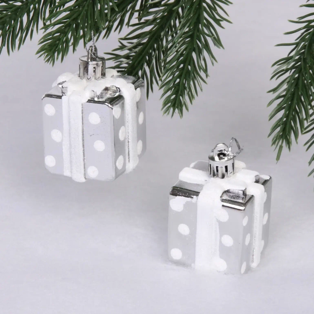 Елочные игрушки «Подарочки в горошек» 3,5 см (набор 2 шт), Серебро