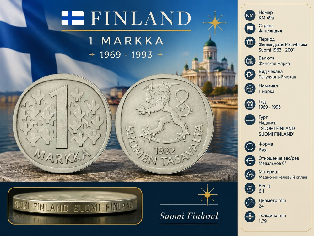 Финляндия 1 марка, 1982 Герб XF