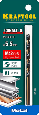 KRAFTOOL COBALT-8, 5.5 х 93 мм, сталь М42, HSS-Co(8%), сверло по металлу (29656-5.5)