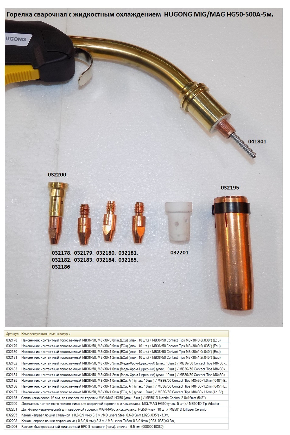Горелка сварочная с жидкостным охлаждением HUGONG MIG/MAG HG50-500А-3м. / MIG Torch HG50 water cooled-3m