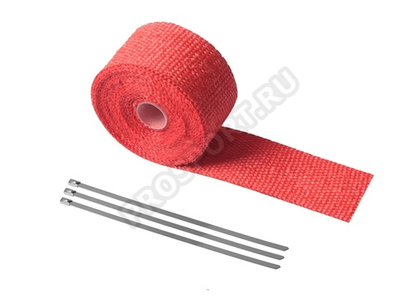 Термолента для глушителя красная 1mm*50mm*5m, с 3 хомутами, стекловолокно (в блистере)