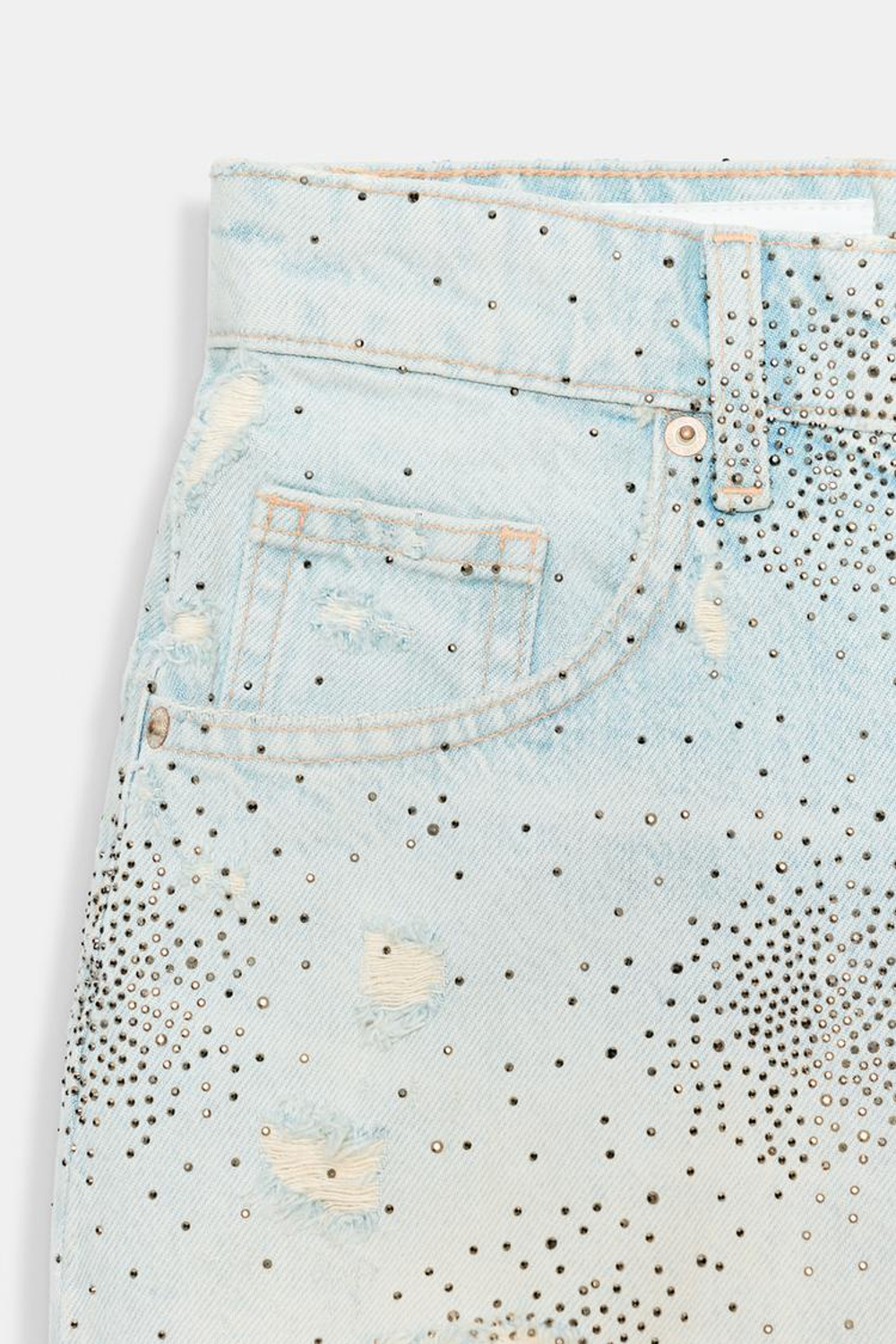 ZARA ДЖИНСОВЫЕ ШОРТЫ С ВЫСОКОЙ ПОСАДКОЙ, РАЗРЕЗАМИ И БЛЕСКОМ, ГОЛУБОЙ
