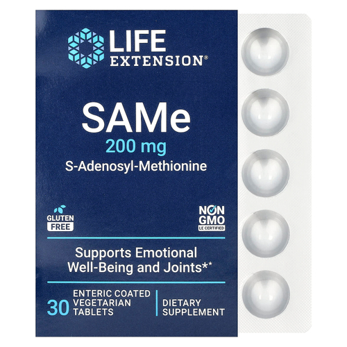 Life Extension, SAMe, S-аденозилметионин, 200 мг, 30 вегетарианских таблеток, покрытых кишечнорастворимой оболочкой
