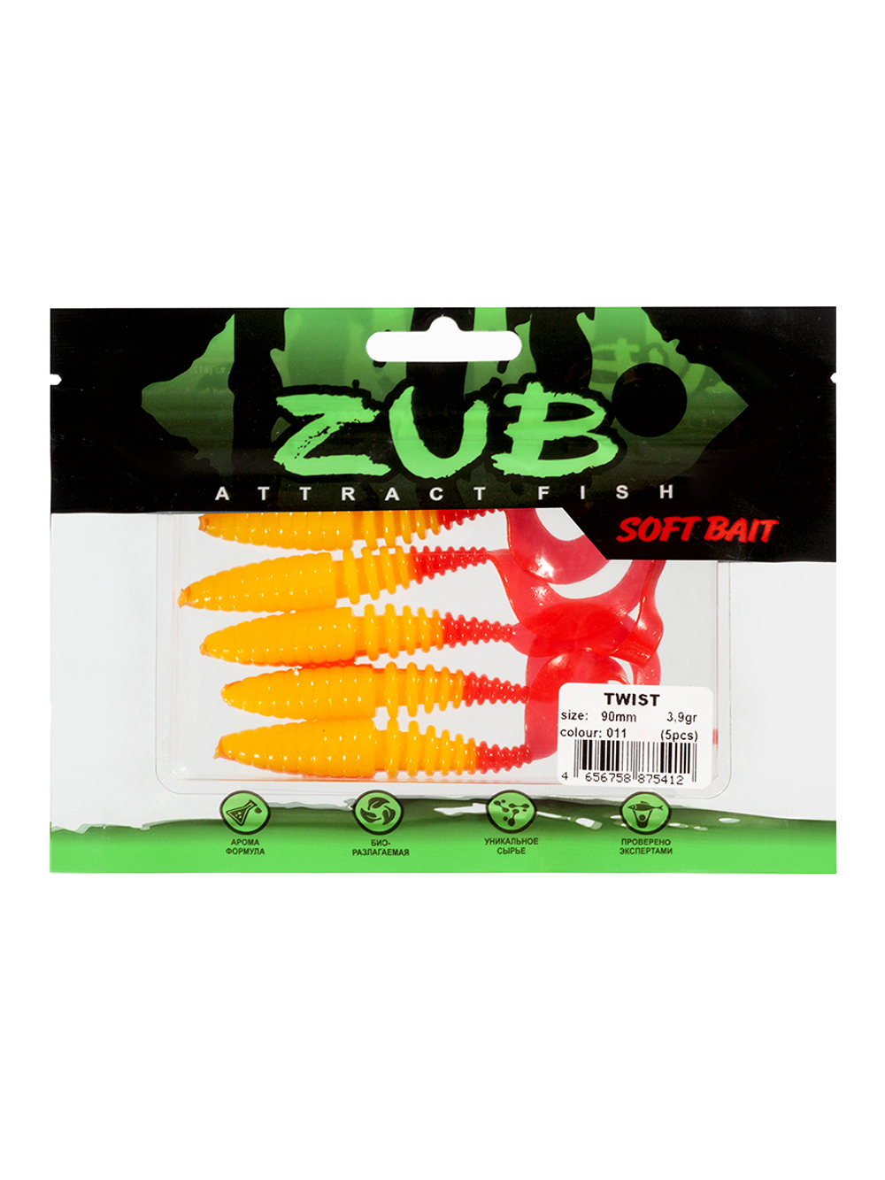 Приманка ZUB-TWIST  90мм(3,5")-5шт, (цвет 011) желтое тело-красный хвост