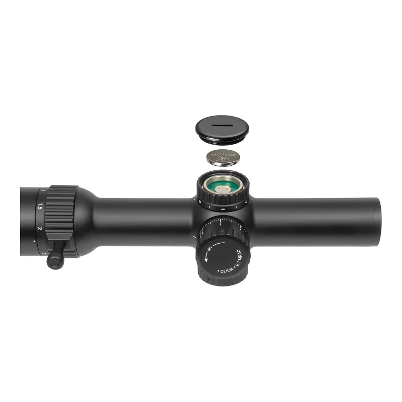 Прицел Gaut Obsidian 1-6x24, сетка 39, 0.1 МIL - батарейный отсек с открытой крышкой и элементами питания
