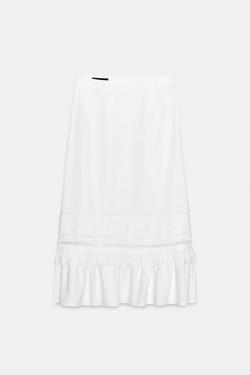 ZARA ЛЬНЯНАЯ ЮБКА МИДИ С БАХРОМОЙ, БЕЛЫЙ