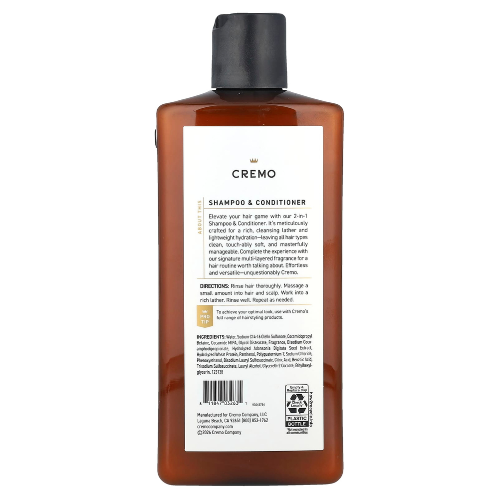 Cremo, 2 в 1, шампунь и кондиционер, № 08, бурбон и дуб, 473 мл (16 жидк. унций)