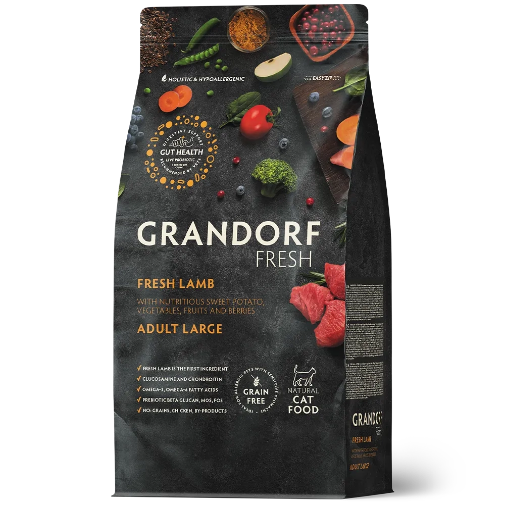 Сухой корм GRANDORF CAT Lamb LARGE беззерновой, ягненок с бататом для взрослых кошек крупных пород чувствительное пищеварение или склонность к аллергии 8кг