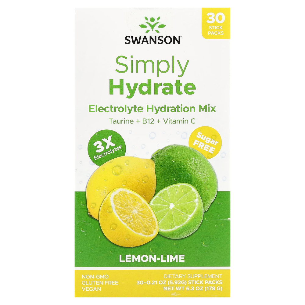 Swanson Vitamins, Simply Hydrate, смесь для гидратации электролитов, лимон и лайм, 30 пакетиков по 5,92 г (0,21 унции)