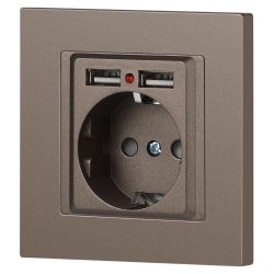 Розетка Intro Accent 6-410-08 с заземлением 2P+E Schuko со шторками 16А-250В + 2хUSB IP20 СУ бронза | Intro