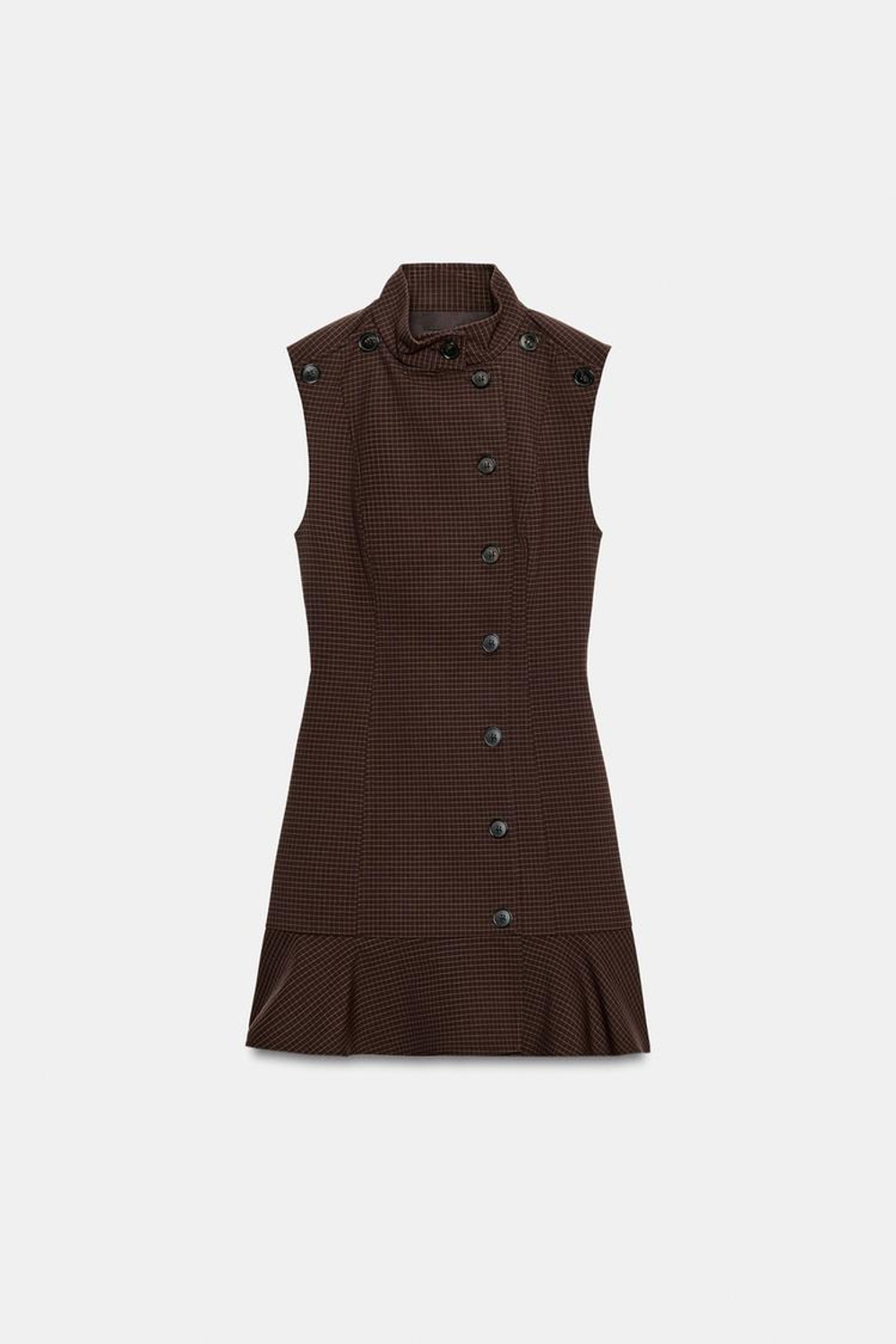 ZARA МИНИ-ПЛАТЬЕ В КЛЕТКУ С ВОЛАНОМ, КОРИЧНЕВЫЙ
