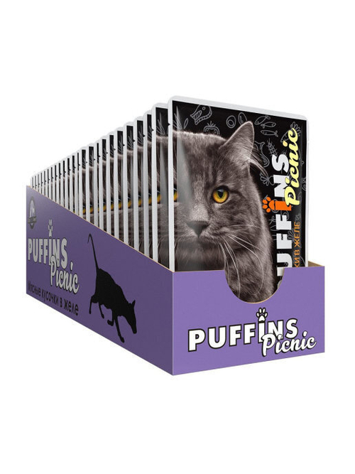 Puffins Picnic Влажный корм для кошек, мясное ассорти в желе, 26 шт x 85 г