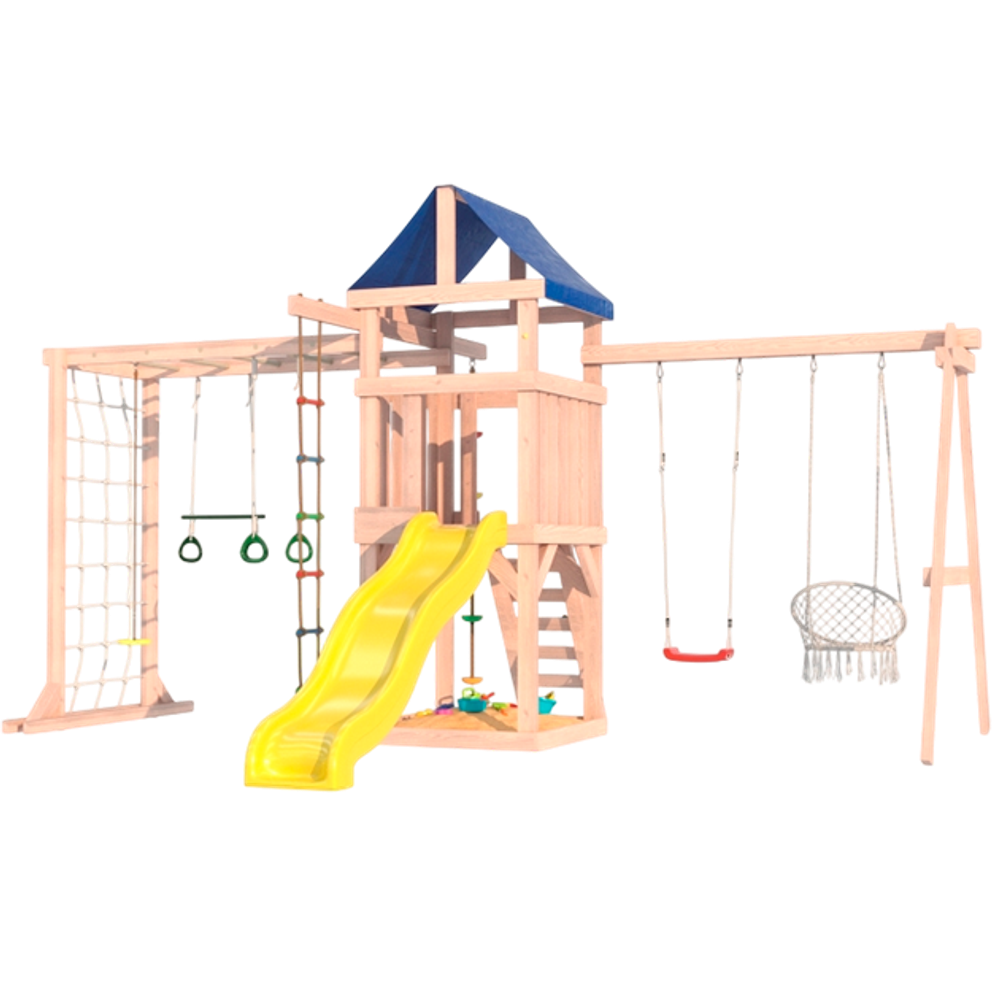 Детская площадка Fun Land неокрашенная с сеткой, рукоходом, качелями и плетенным креслом