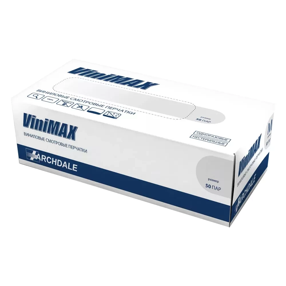 Перчатки виниловые смотровые нестерильные неопудренные ViniMAX M 50 пар