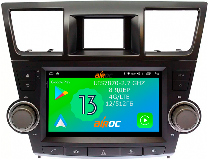 Магнитола для Toyota Highlander 2 2007-2013 XU40 - Airoc 2K AU-1122B Android 13, Быстрейшая, SIM-слот (кнопки + крутилки)