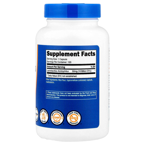 Nutricost, ацидофильные лактобактерии (Lactobacillus acidophilus), 50 мг (10 млрд КОЕ), 120 капсул
