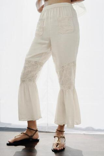 ZARA КОМБИНИРОВАННЫЕ БРЮКИ С ЦВЕТОЧНОЙ ВЫШИВКОЙ И КРУЖЕВОМ, ЖЕЛТОВАТО-БЕЛЫЙ