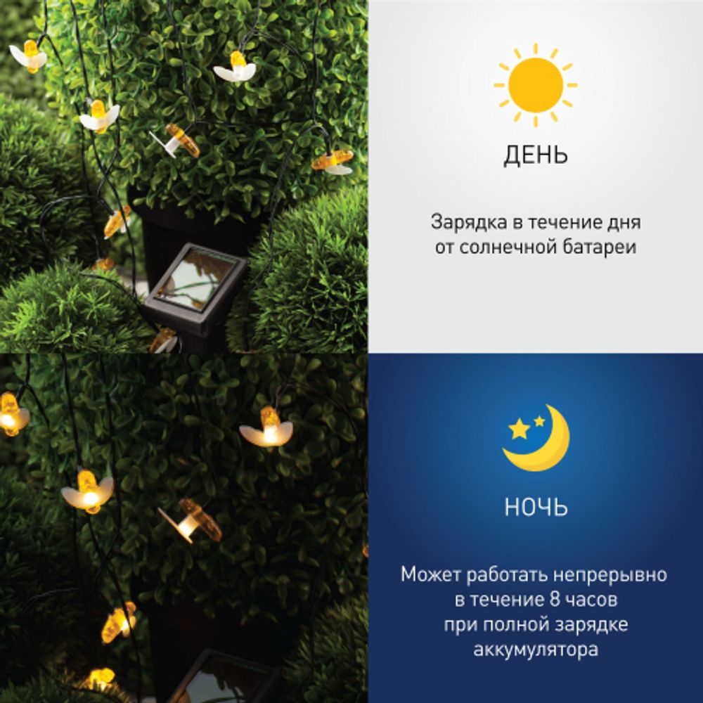 ERASG024-03 ЭРА Садовая гирлянда Пчелки на солнечной батарее, 5,8 м | Садовые декоративные светильники