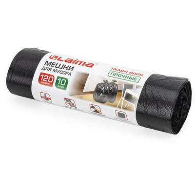Мешки для мусора 120 л, черные, в рулоне 10 шт., прочные, ПНД 18 мкм, 70×110 см, LAIMA, 4 упаковки.