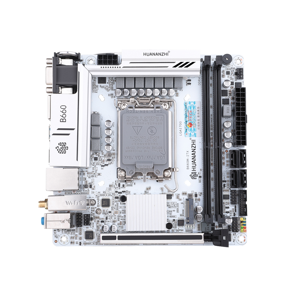 Материнская плата HUANANZHI B660M-ITX, Socket1700, Mini-ITX, Retail, 2xDDR4, PCIe5.0, 1xM.2, 2.5GLAN, M.2 WiFi, 4xUSB2, 6xUSB3, VGA, 2xHDMI, DP (HNZ-B660M-ITX)