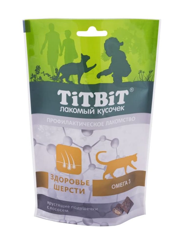Лакомство для кошек TitBit Хрустящие подушечки с лососем, здоровье шерсти, пакет 60 г Лакомство для кошек TitBit Хрустящие подушечки с лососем, здоровье шерсти, пакет 60 г