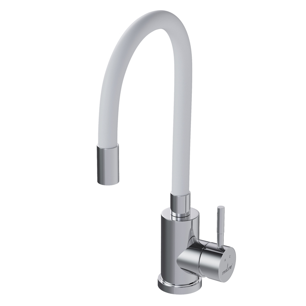 Смеситель для кухни 35k MIXLINE МЛНС-0325Х БЕЛЫЙ гибкий силиконовый излив, п/гайку ХРОМ