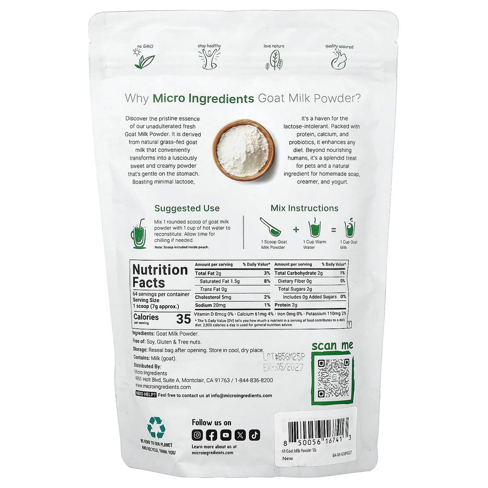 Micro Ingredients, сухое козье молоко, 454 г (1 фунт)